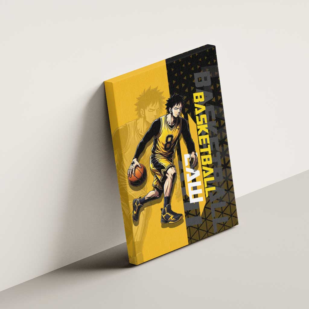 Trafalgar Law One Piece Basketball Theme Yellow and Black Design Canvas Wall Art with Heart Pirates Emblem and Action Pose - The Mazicc