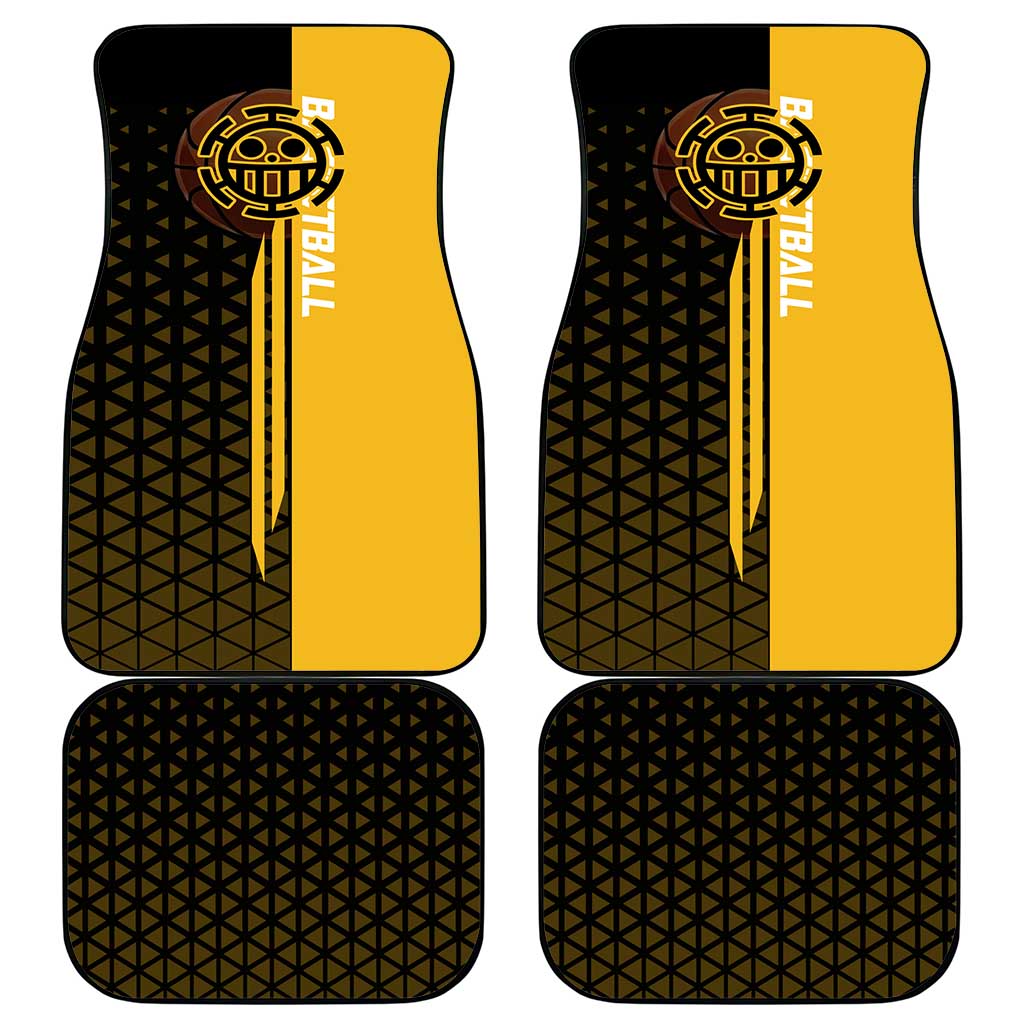 Trafalgar Law One Piece Basketball Theme Yellow and Black Design Car Mats with Heart Pirates Emblem and Action Pose - The Mazicc