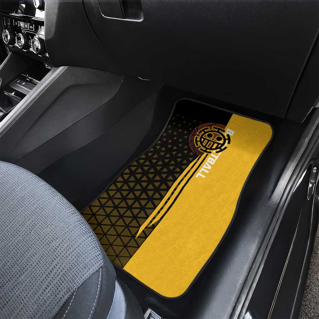 Trafalgar Law One Piece Basketball Theme Yellow and Black Design Car Mats with Heart Pirates Emblem and Action Pose - The Mazicc