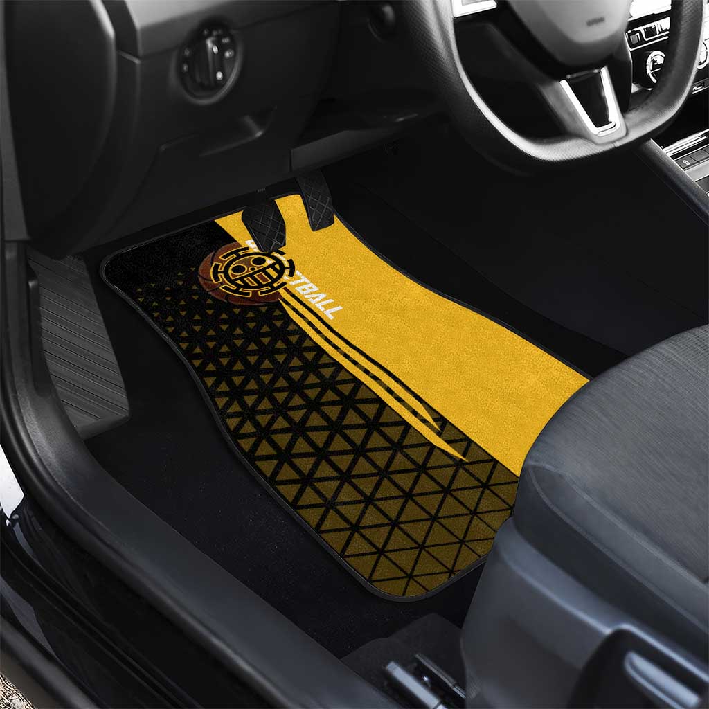Trafalgar Law One Piece Basketball Theme Yellow and Black Design Car Mats with Heart Pirates Emblem and Action Pose - The Mazicc