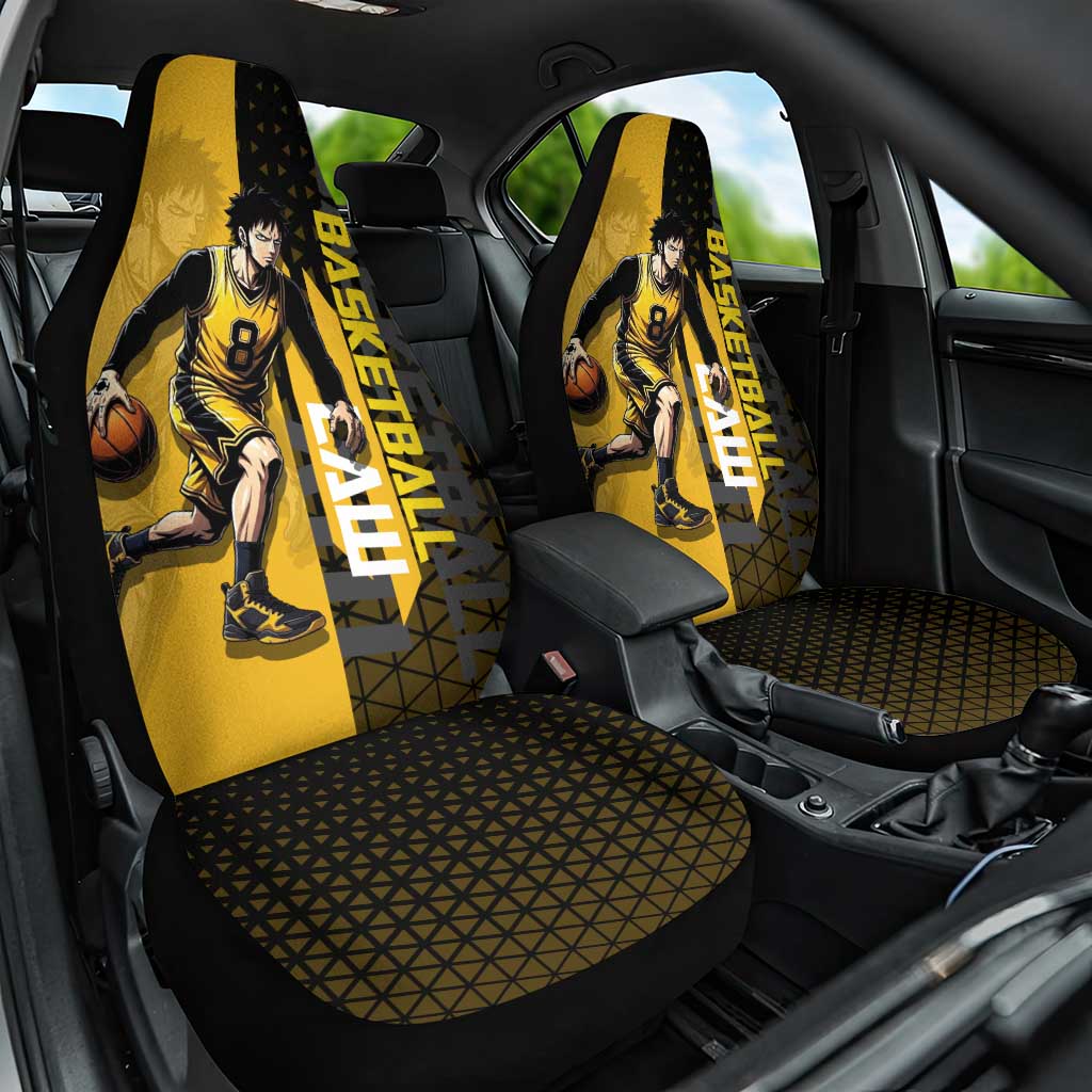 Trafalgar Law One Piece Basketball Theme Yellow and Black Design Car Seat Cover with Heart Pirates Emblem and Action Pose - The Mazicc