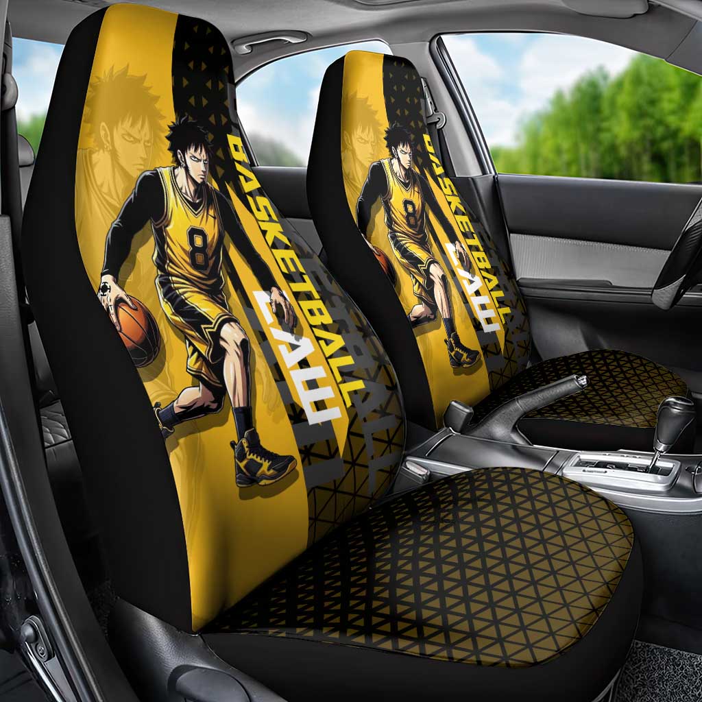Trafalgar Law One Piece Basketball Theme Yellow and Black Design Car Seat Cover with Heart Pirates Emblem and Action Pose - The Mazicc