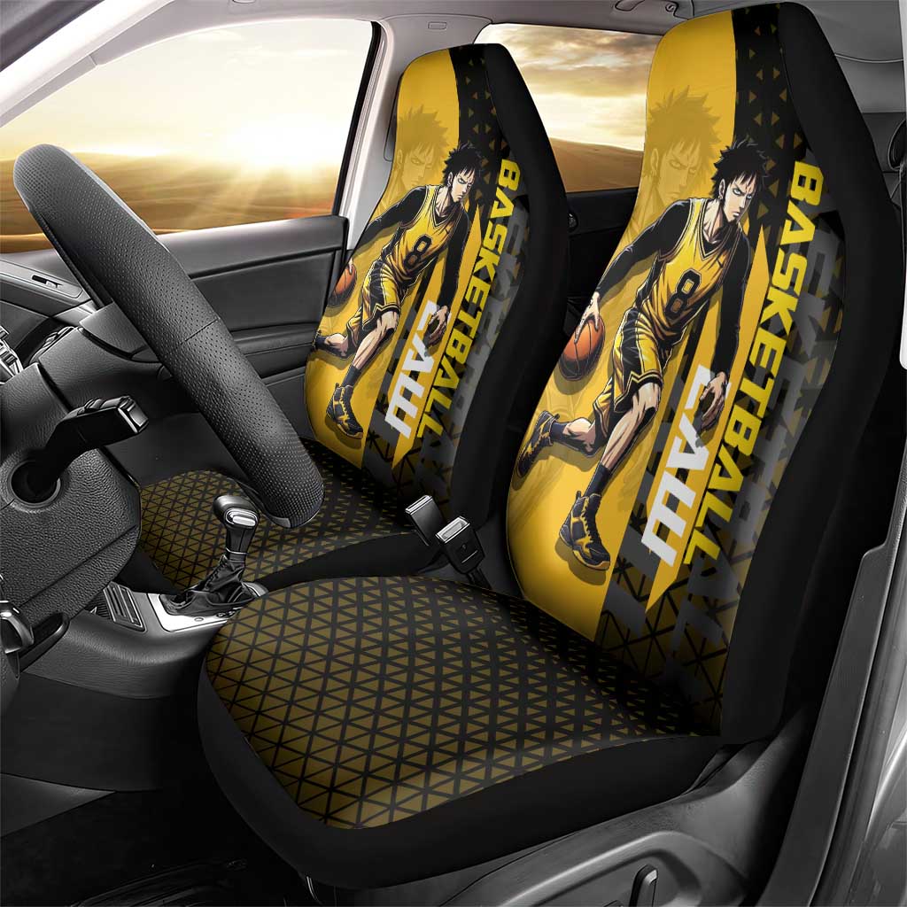Trafalgar Law One Piece Basketball Theme Yellow and Black Design Car Seat Cover with Heart Pirates Emblem and Action Pose - The Mazicc