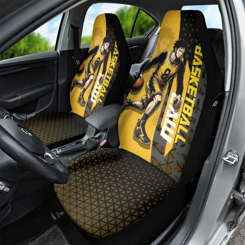 Trafalgar Law One Piece Basketball Theme Yellow and Black Design Car Seat Cover with Heart Pirates Emblem and Action Pose - The Mazicc