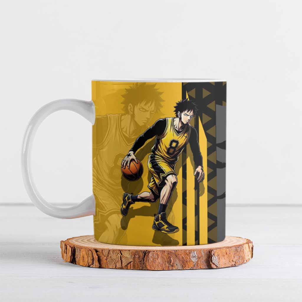 Trafalgar Law One Piece Basketball Theme Yellow and Black Design Ceramic Mug with Heart Pirates Emblem and Action Pose - The Mazicc