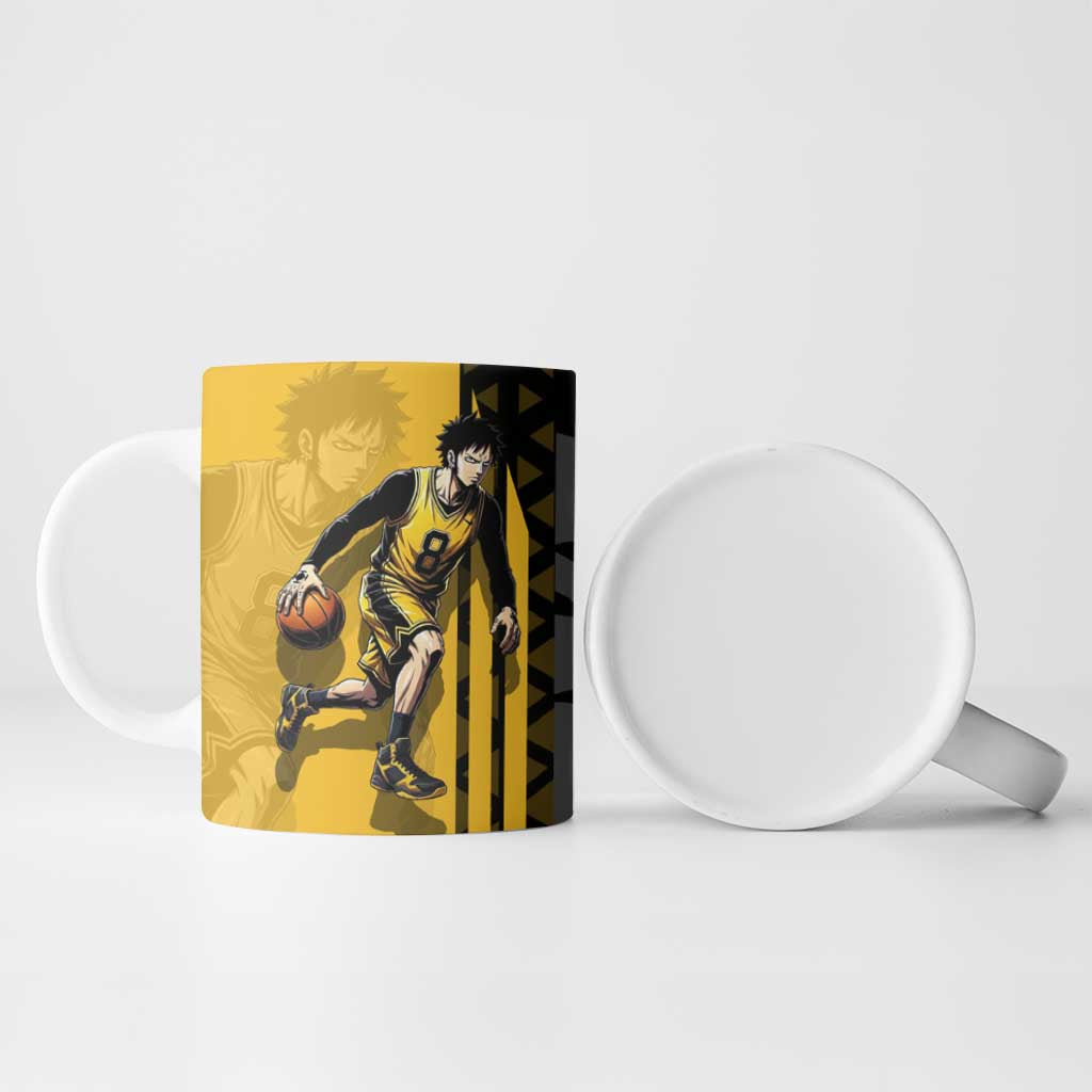 Trafalgar Law One Piece Basketball Theme Yellow and Black Design Ceramic Mug with Heart Pirates Emblem and Action Pose - The Mazicc