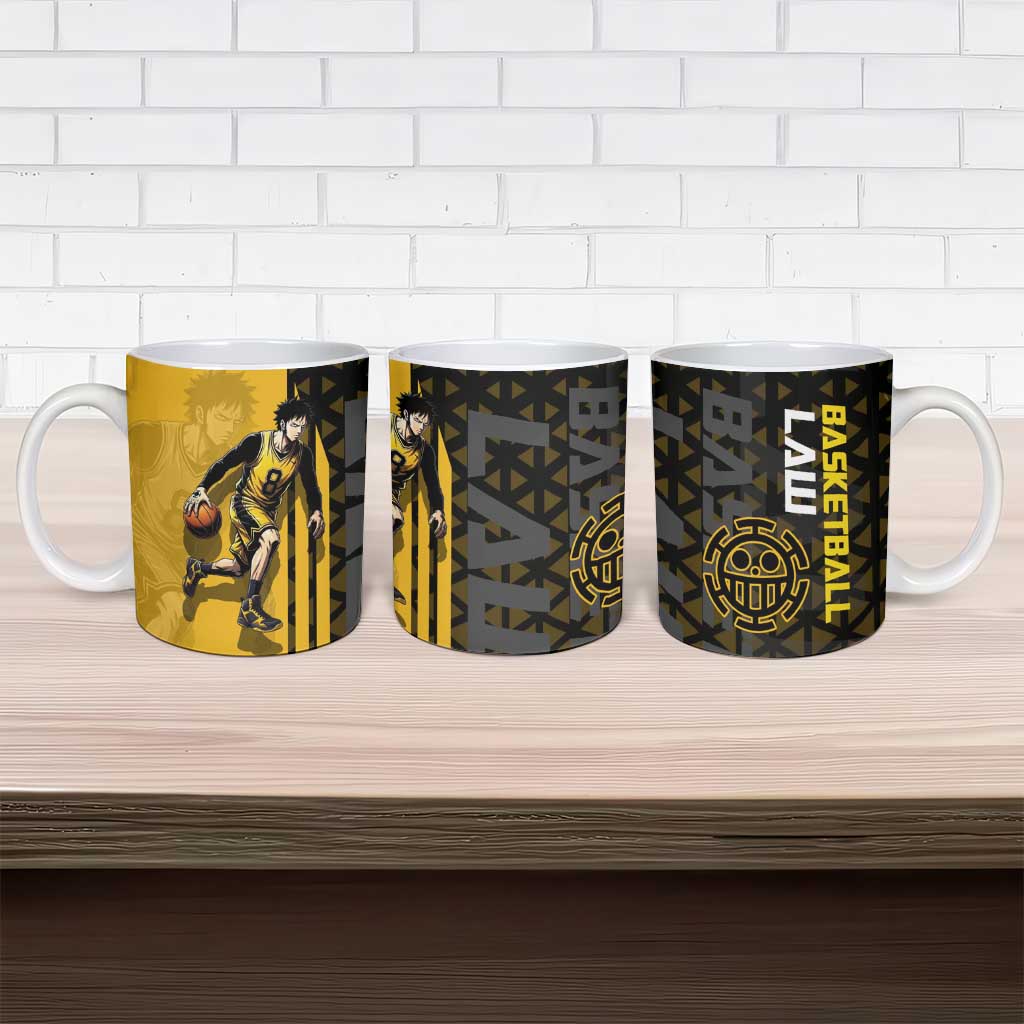 Trafalgar Law One Piece Basketball Theme Yellow and Black Design Ceramic Mug with Heart Pirates Emblem and Action Pose - The Mazicc