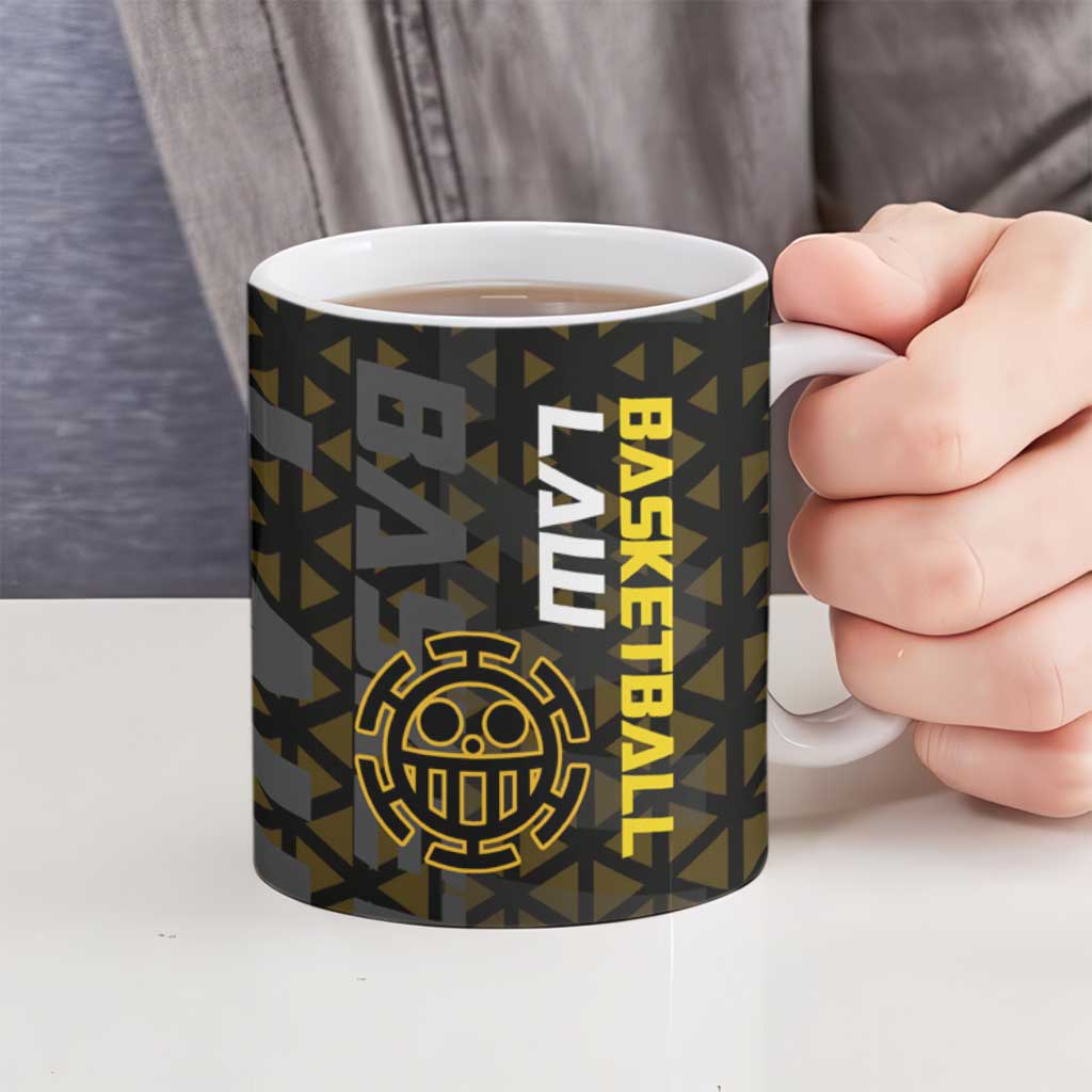 Trafalgar Law One Piece Basketball Theme Yellow and Black Design Ceramic Mug with Heart Pirates Emblem and Action Pose - The Mazicc