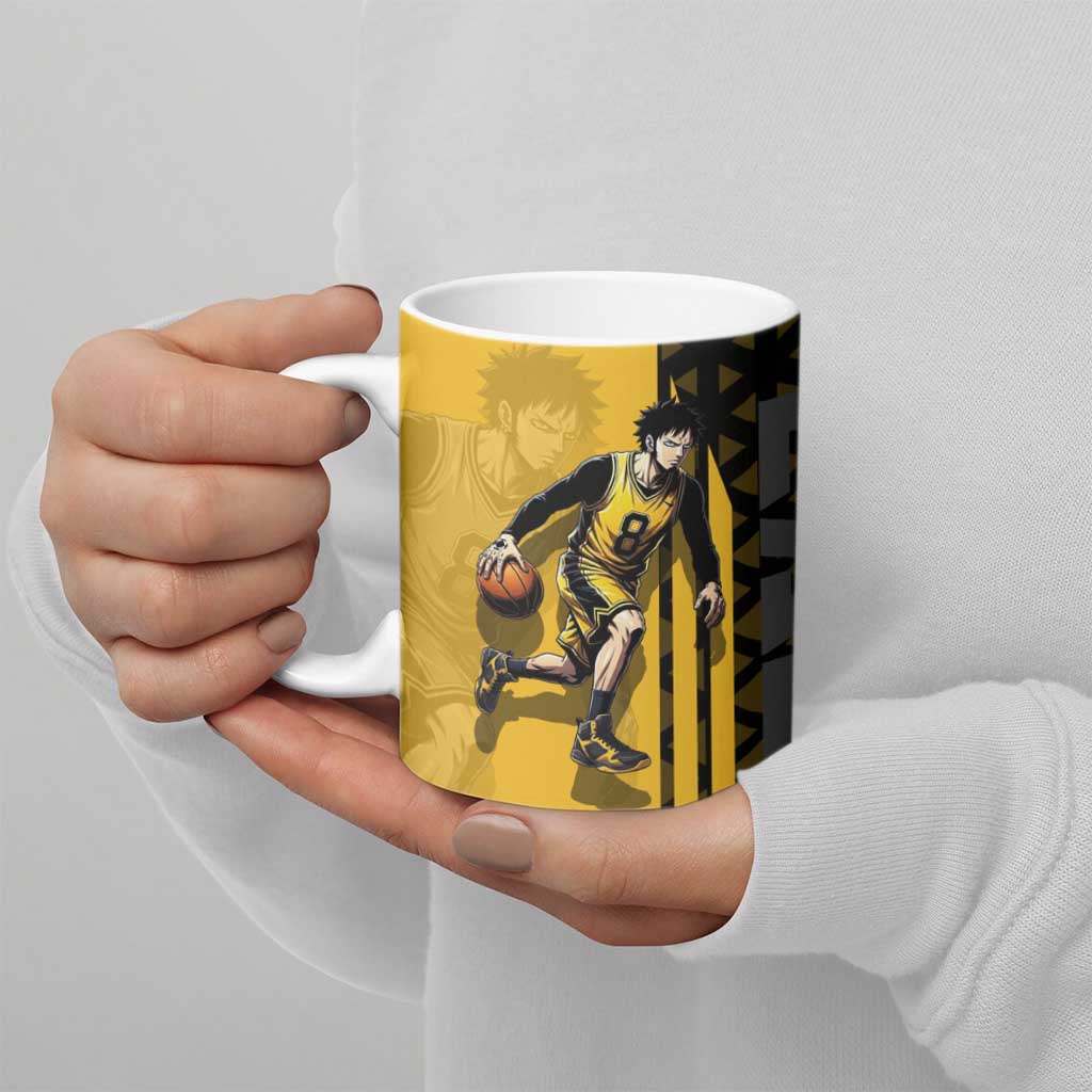 Trafalgar Law One Piece Basketball Theme Yellow and Black Design Ceramic Mug with Heart Pirates Emblem and Action Pose - The Mazicc