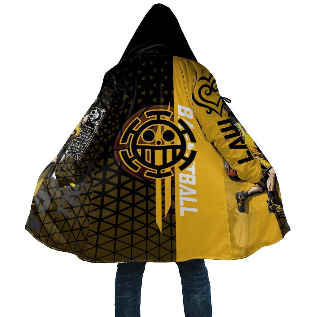 Trafalgar Law One Piece Basketball Theme Yellow and Black Design Cloak with Heart Pirates Emblem and Action Pose - The Mazicc