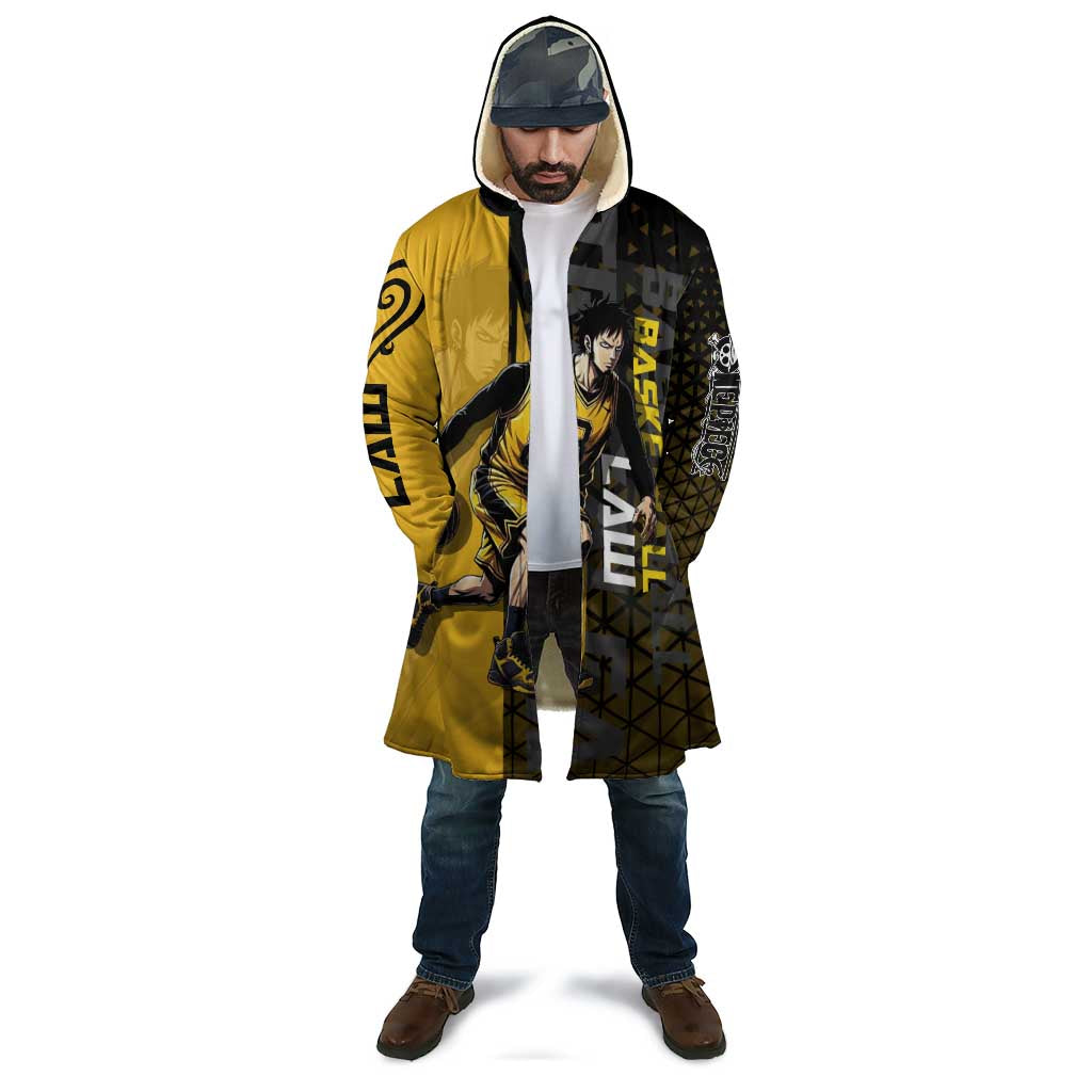 Trafalgar Law One Piece Basketball Theme Yellow and Black Design Cloak with Heart Pirates Emblem and Action Pose - The Mazicc