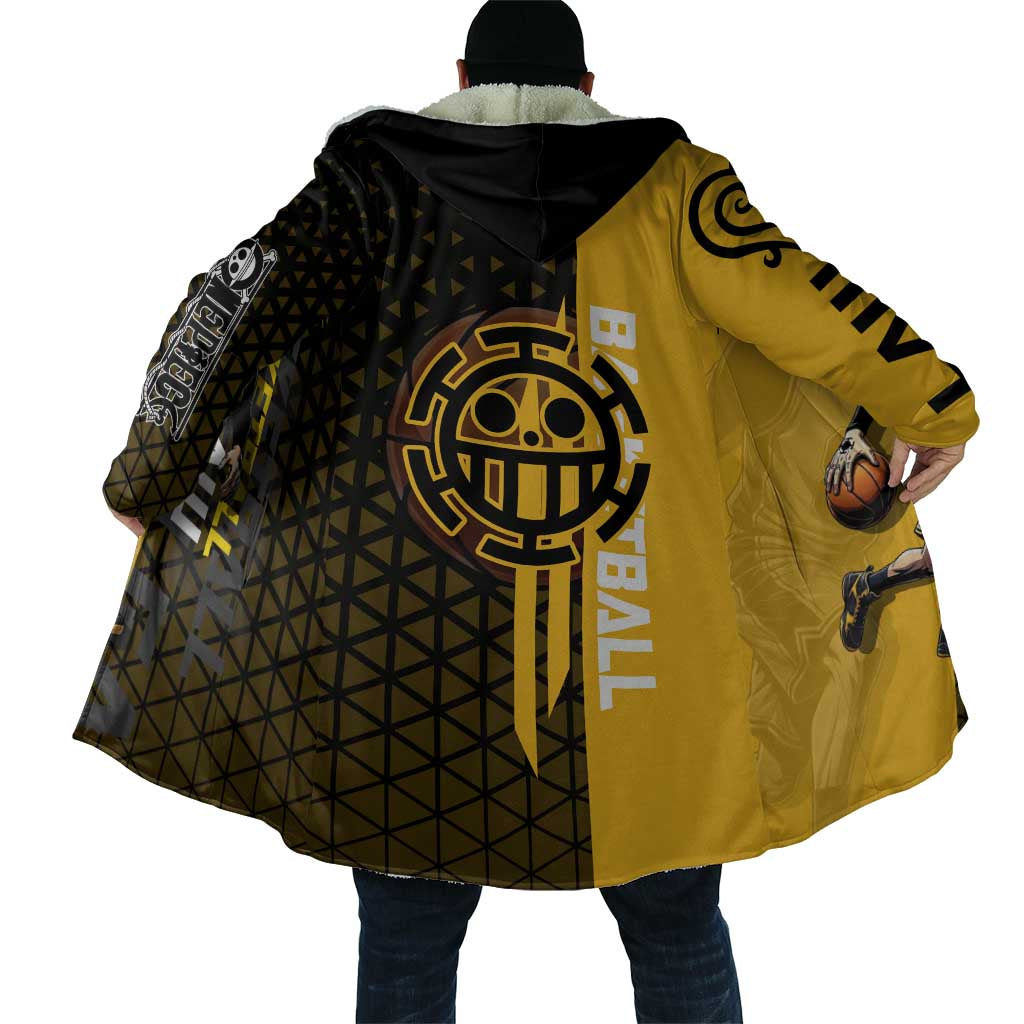 Trafalgar Law One Piece Basketball Theme Yellow and Black Design Cloak with Heart Pirates Emblem and Action Pose - The Mazicc