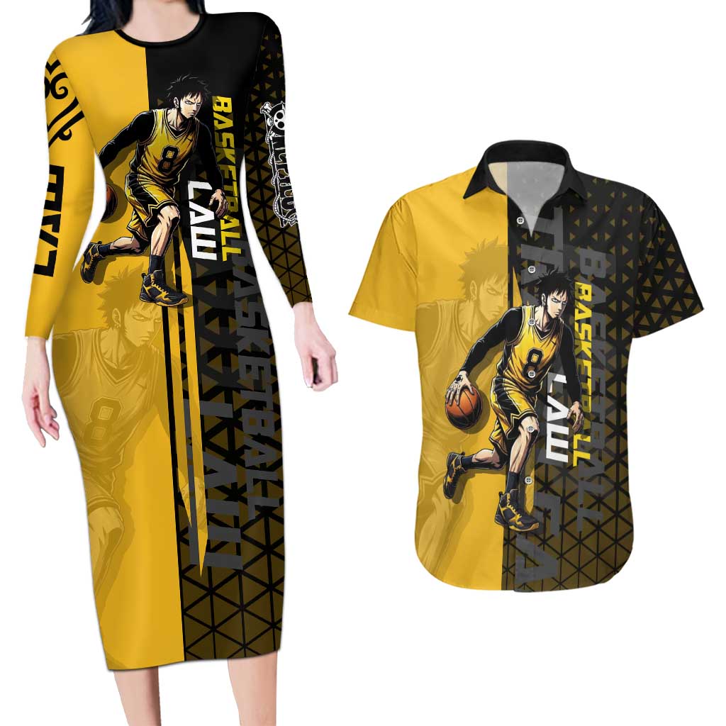 Trafalgar Law One Piece Basketball Theme Yellow and Black Design Couples Matching Long Sleeve Bodycon Dress and Hawaiian Shirt with Heart Pirates Emblem and Action Pose - The Mazicc