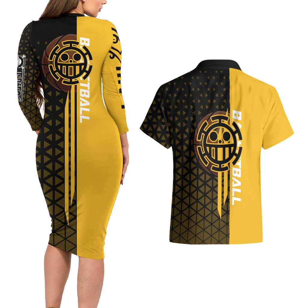 Trafalgar Law One Piece Basketball Theme Yellow and Black Design Couples Matching Long Sleeve Bodycon Dress and Hawaiian Shirt with Heart Pirates Emblem and Action Pose - The Mazicc