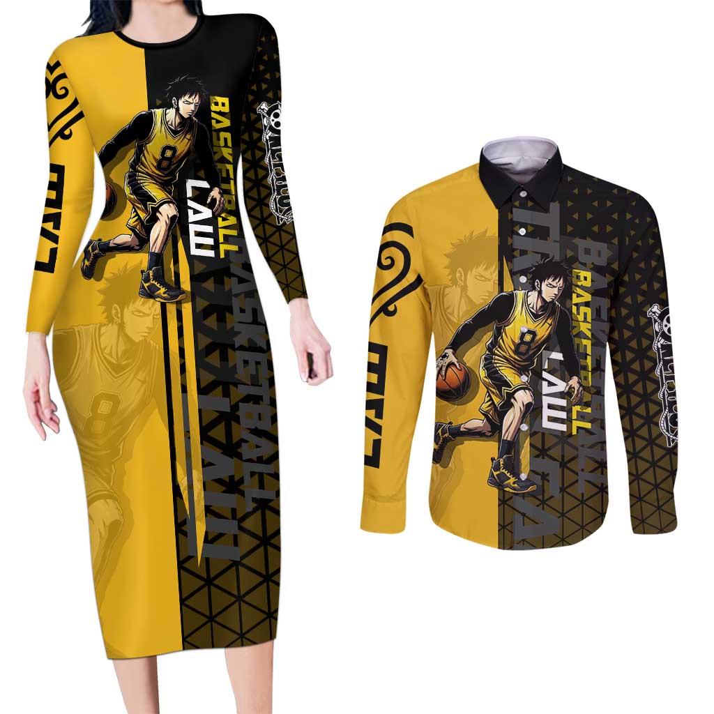 Trafalgar Law One Piece Basketball Theme Yellow and Black Design Couples Matching Long Sleeve Bodycon Dress and Long Sleeve Button Shirt with Heart Pirates Emblem and Action Pose - The Mazicc