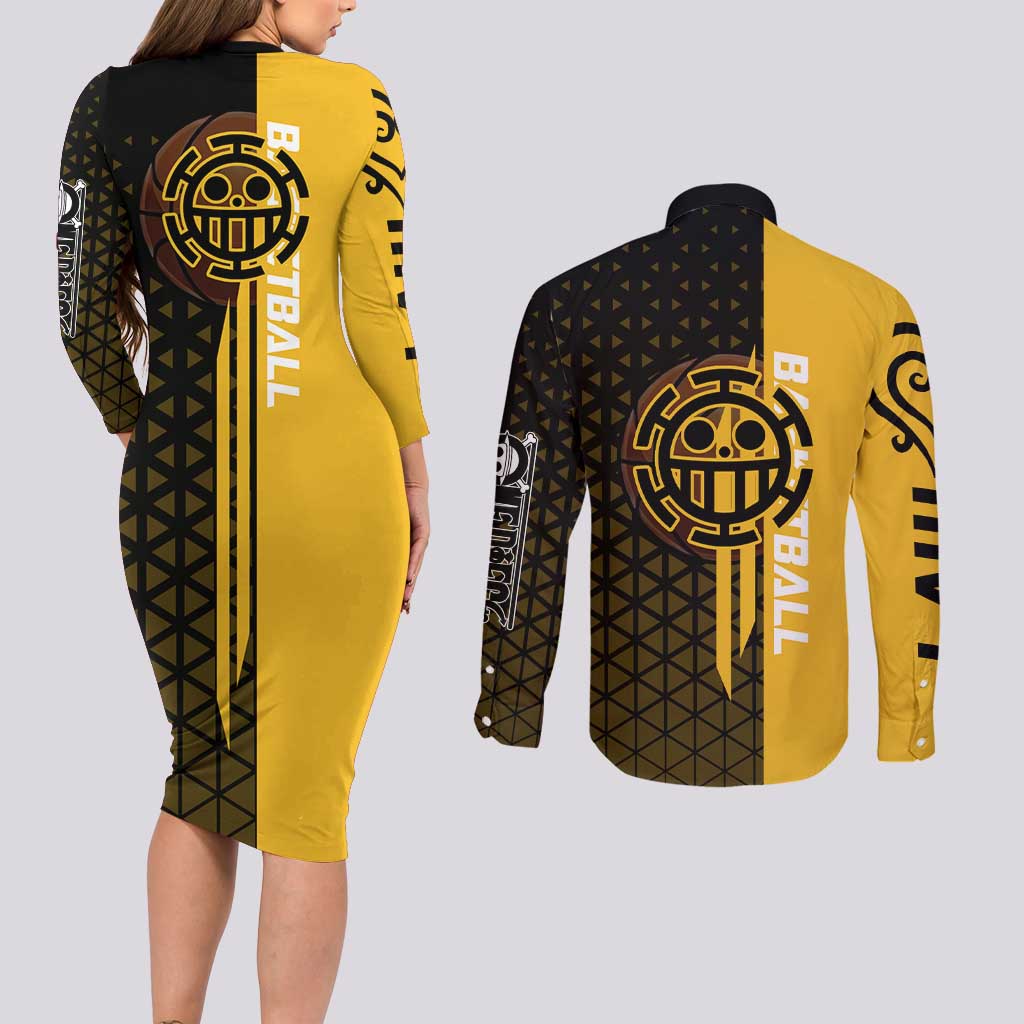 Trafalgar Law One Piece Basketball Theme Yellow and Black Design Couples Matching Long Sleeve Bodycon Dress and Long Sleeve Button Shirt with Heart Pirates Emblem and Action Pose - The Mazicc