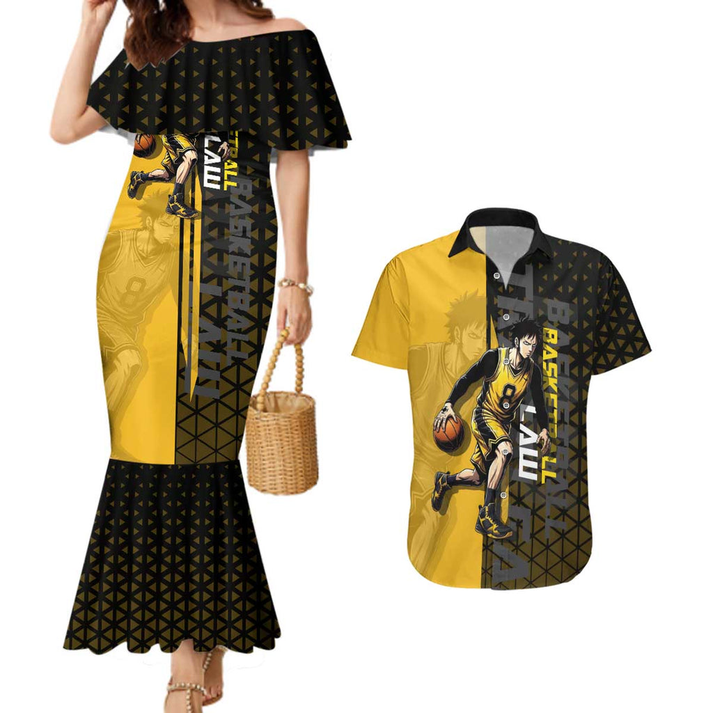 Trafalgar Law One Piece Basketball Theme Yellow and Black Design Couples Matching Mermaid Dress and Hawaiian Shirt with Heart Pirates Emblem and Action Pose - The Mazicc