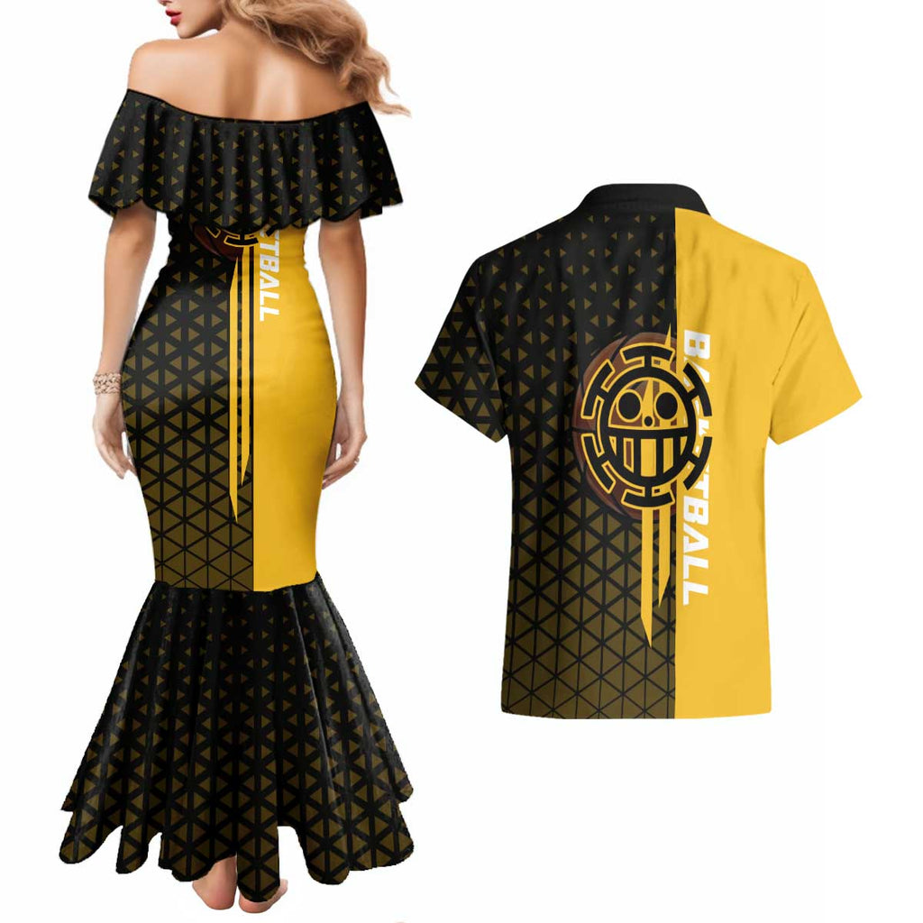 Trafalgar Law One Piece Basketball Theme Yellow and Black Design Couples Matching Mermaid Dress and Hawaiian Shirt with Heart Pirates Emblem and Action Pose - The Mazicc