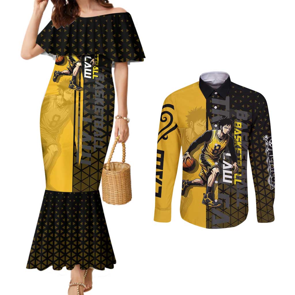 Trafalgar Law One Piece Basketball Theme Yellow and Black Design Couples Matching Mermaid Dress and Long Sleeve Button Shirt with Heart Pirates Emblem and Action Pose - The Mazicc
