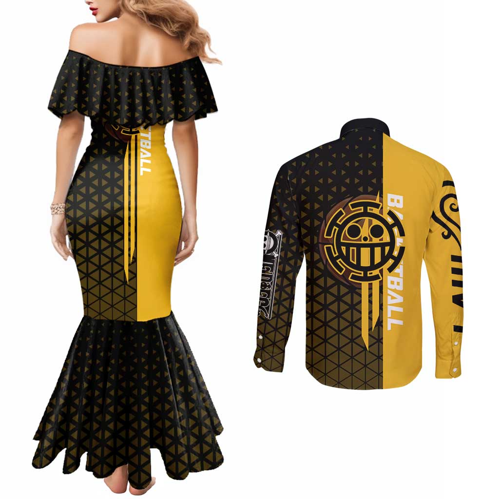 Trafalgar Law One Piece Basketball Theme Yellow and Black Design Couples Matching Mermaid Dress and Long Sleeve Button Shirt with Heart Pirates Emblem and Action Pose - The Mazicc