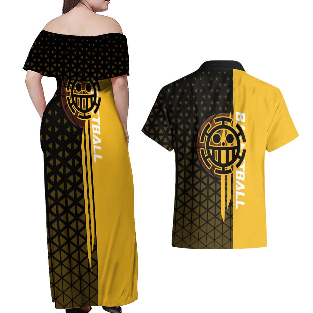 Trafalgar Law One Piece Basketball Theme Yellow and Black Design Couples Matching Off Shoulder Maxi Dress and Hawaiian Shirt with Heart Pirates Emblem and Action Pose - The Mazicc