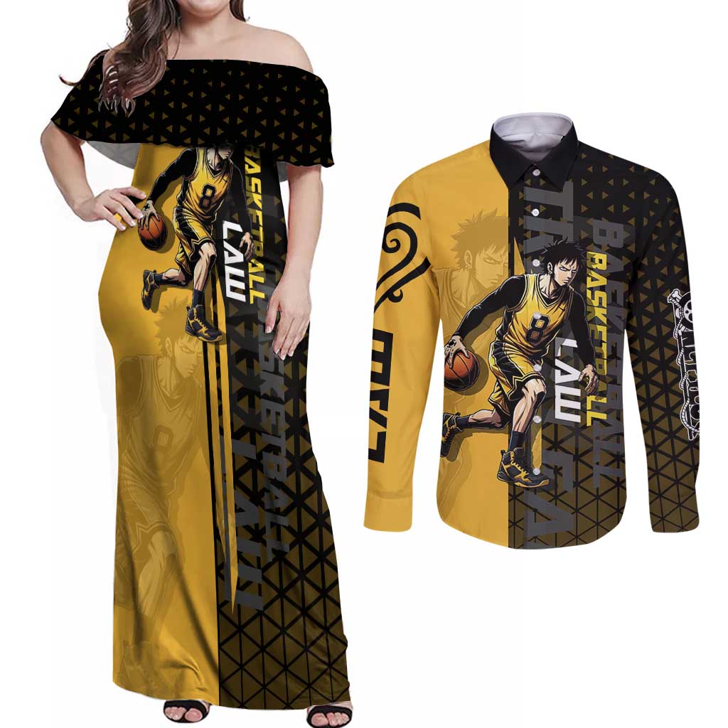 Trafalgar Law One Piece Basketball Theme Yellow and Black Design Couples Matching Off Shoulder Maxi Dress and Long Sleeve Button Shirt with Heart Pirates Emblem and Action Pose - The Mazicc