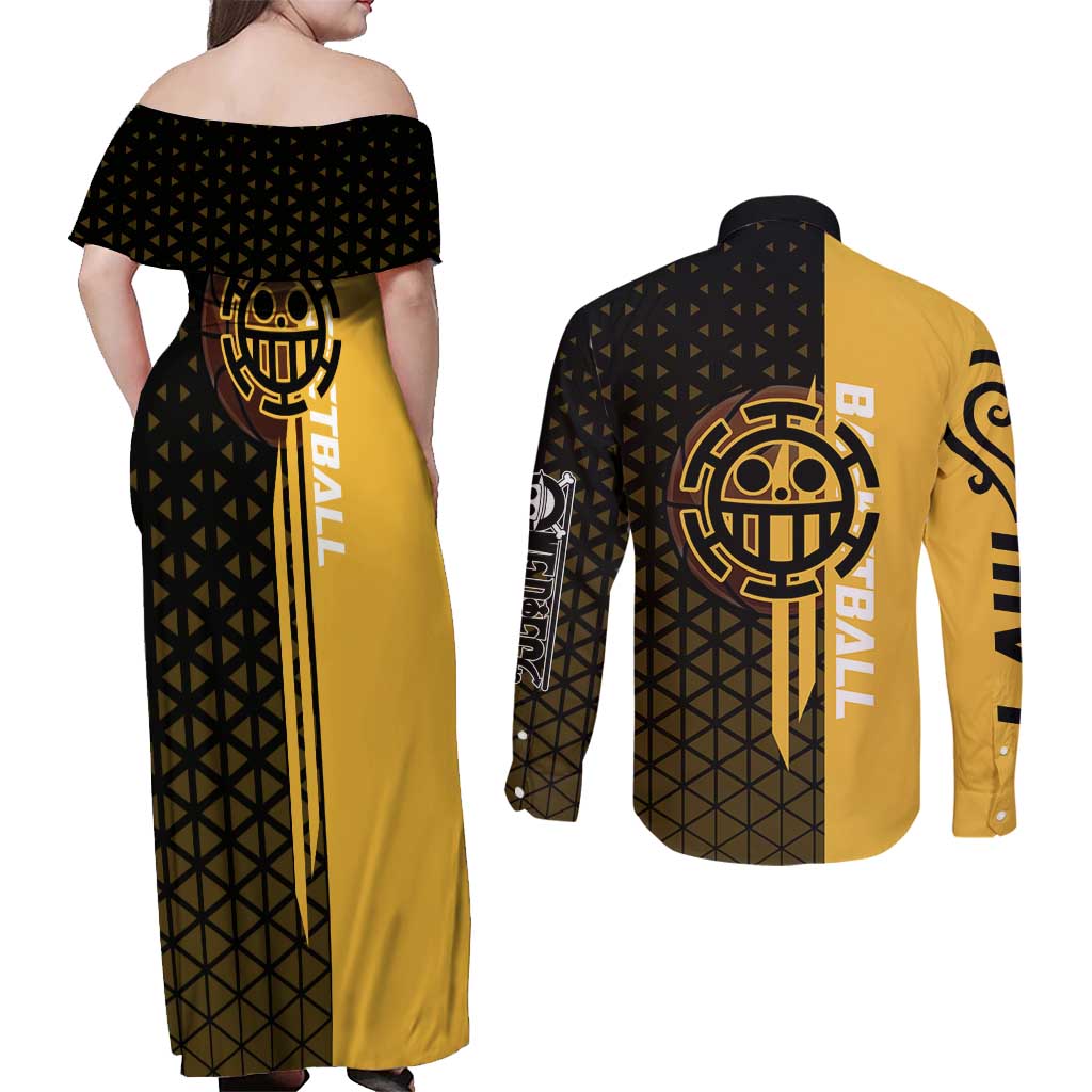 Trafalgar Law One Piece Basketball Theme Yellow and Black Design Couples Matching Off Shoulder Maxi Dress and Long Sleeve Button Shirt with Heart Pirates Emblem and Action Pose - The Mazicc