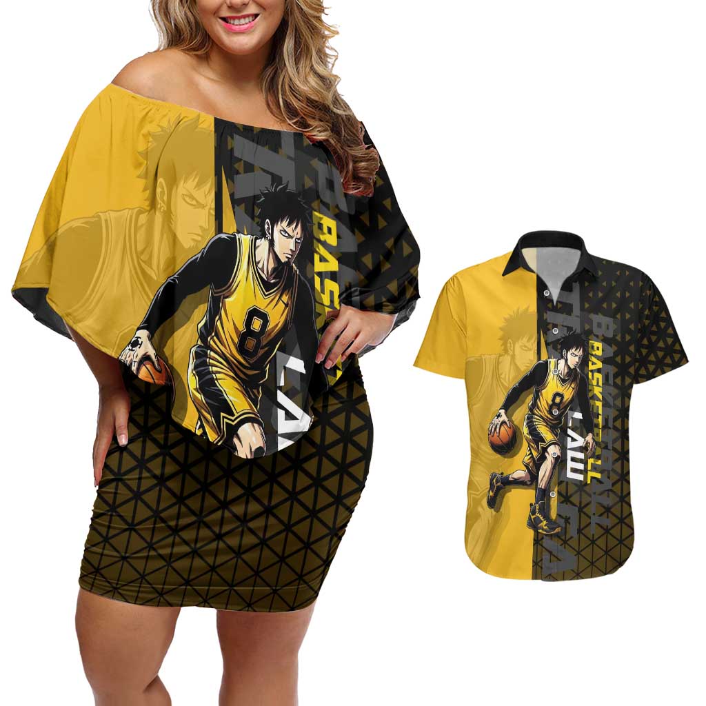 Trafalgar Law One Piece Basketball Theme Yellow and Black Design Couples Matching Off Shoulder Short Dress and Hawaiian Shirt with Heart Pirates Emblem and Action Pose - The Mazicc