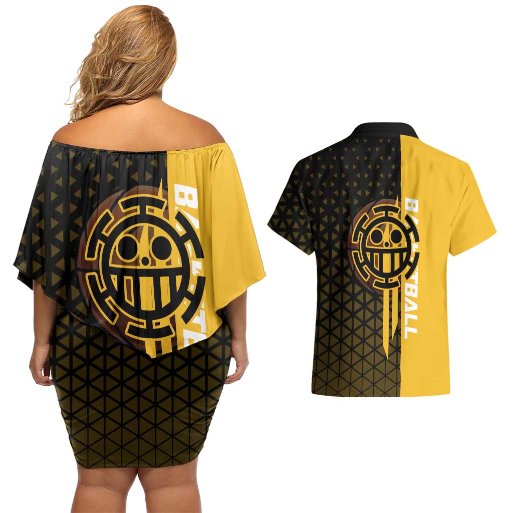 Trafalgar Law One Piece Basketball Theme Yellow and Black Design Couples Matching Off Shoulder Short Dress and Hawaiian Shirt with Heart Pirates Emblem and Action Pose - The Mazicc