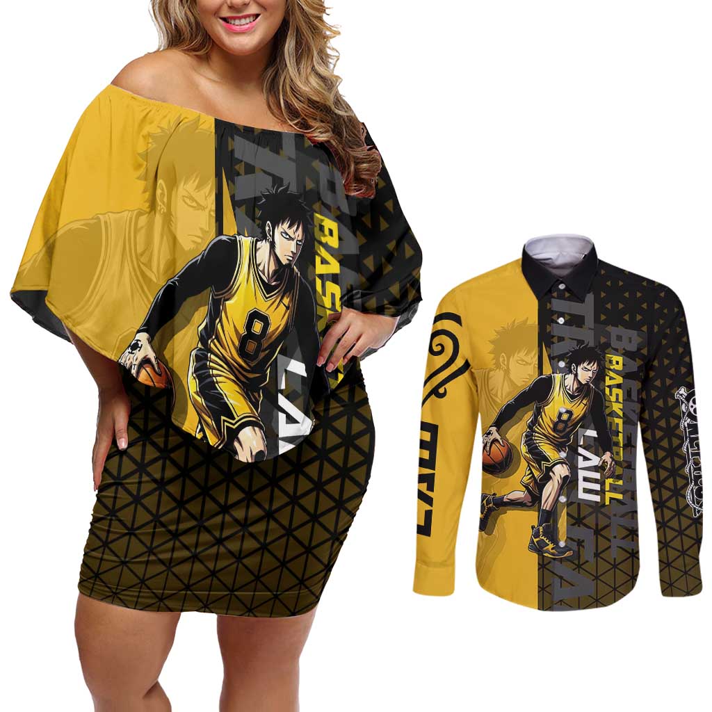 Trafalgar Law One Piece Basketball Theme Yellow and Black Design Couples Matching Off Shoulder Short Dress and Long Sleeve Button Shirt with Heart Pirates Emblem and Action Pose - The Mazicc