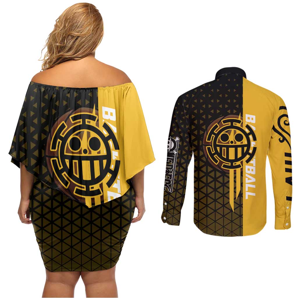 Trafalgar Law One Piece Basketball Theme Yellow and Black Design Couples Matching Off Shoulder Short Dress and Long Sleeve Button Shirt with Heart Pirates Emblem and Action Pose - The Mazicc