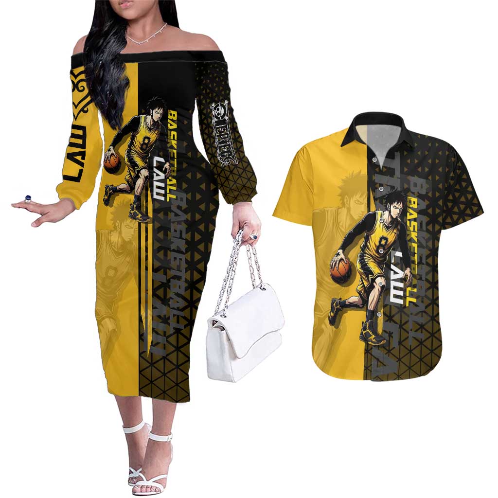 Trafalgar Law One Piece Basketball Theme Yellow and Black Design Couples Matching Off The Shoulder Long Sleeve Dress and Hawaiian Shirt with Heart Pirates Emblem and Action Pose - The Mazicc