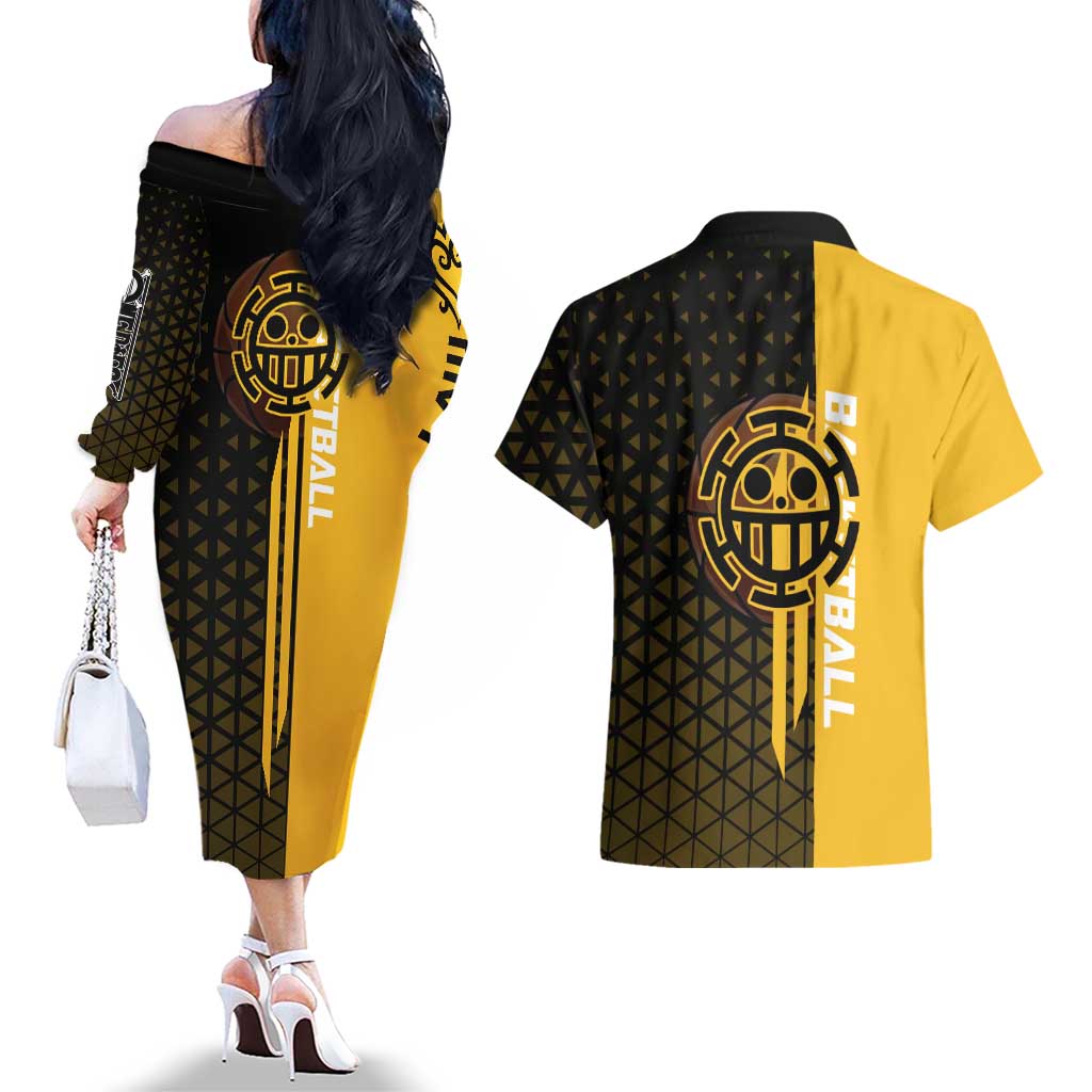 Trafalgar Law One Piece Basketball Theme Yellow and Black Design Couples Matching Off The Shoulder Long Sleeve Dress and Hawaiian Shirt with Heart Pirates Emblem and Action Pose - The Mazicc