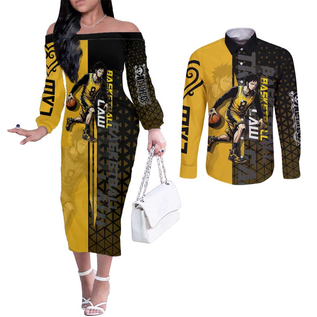 Trafalgar Law One Piece Basketball Theme Yellow and Black Design Couples Matching Off The Shoulder Long Sleeve Dress and Long Sleeve Button Shirt with Heart Pirates Emblem and Action Pose - The Mazicc