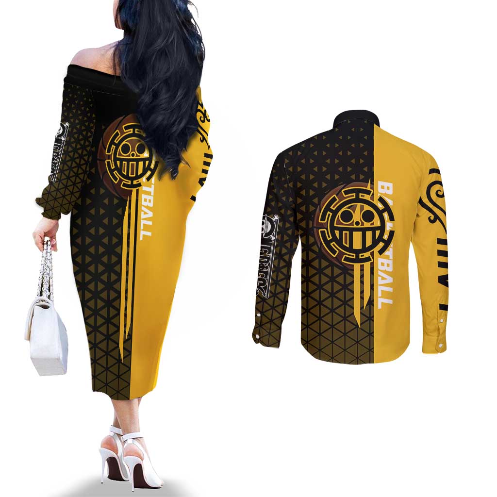 Trafalgar Law One Piece Basketball Theme Yellow and Black Design Couples Matching Off The Shoulder Long Sleeve Dress and Long Sleeve Button Shirt with Heart Pirates Emblem and Action Pose - The Mazicc