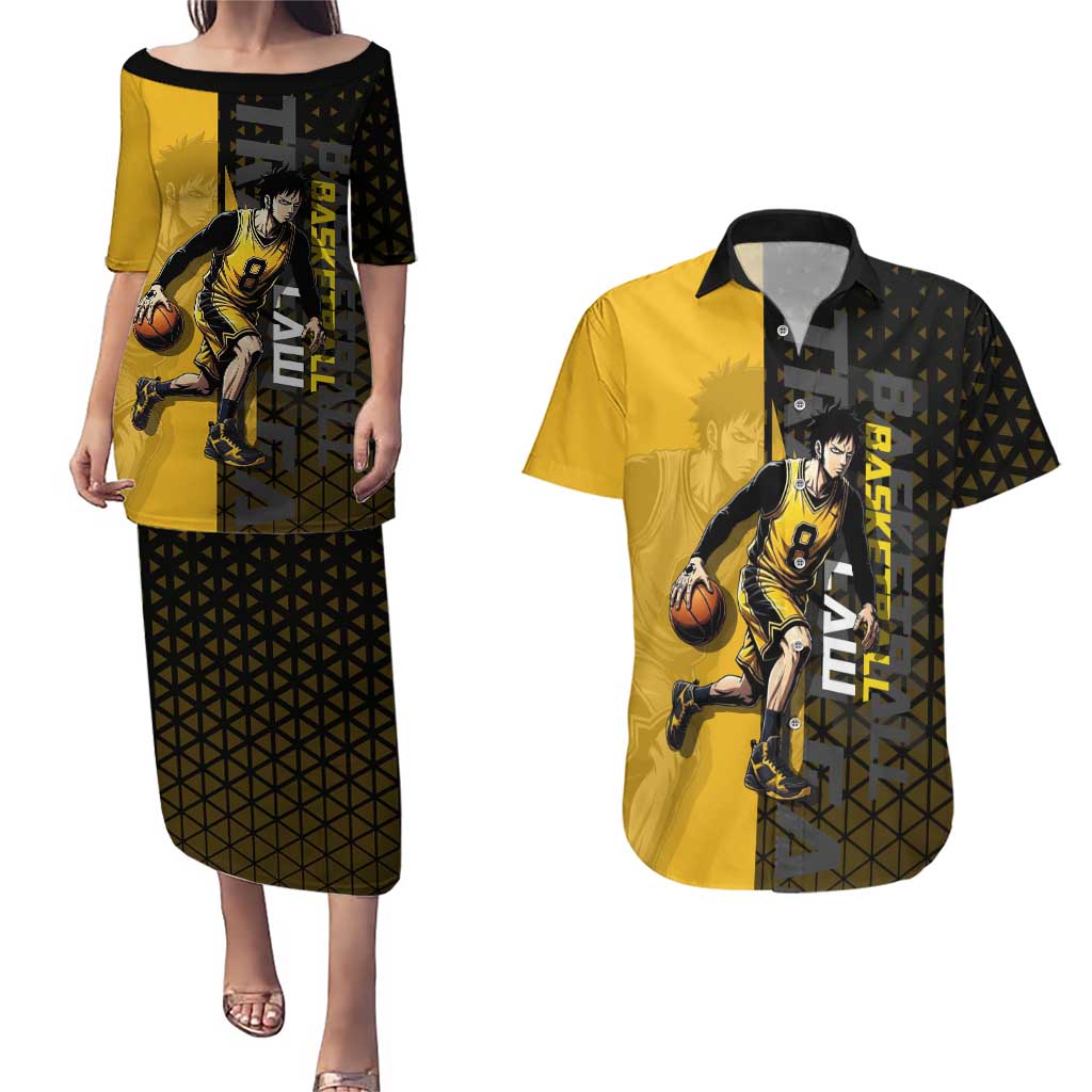 Trafalgar Law One Piece Basketball Theme Yellow and Black Design Couples Matching Puletasi and Hawaiian Shirt with Heart Pirates Emblem and Action Pose - The Mazicc