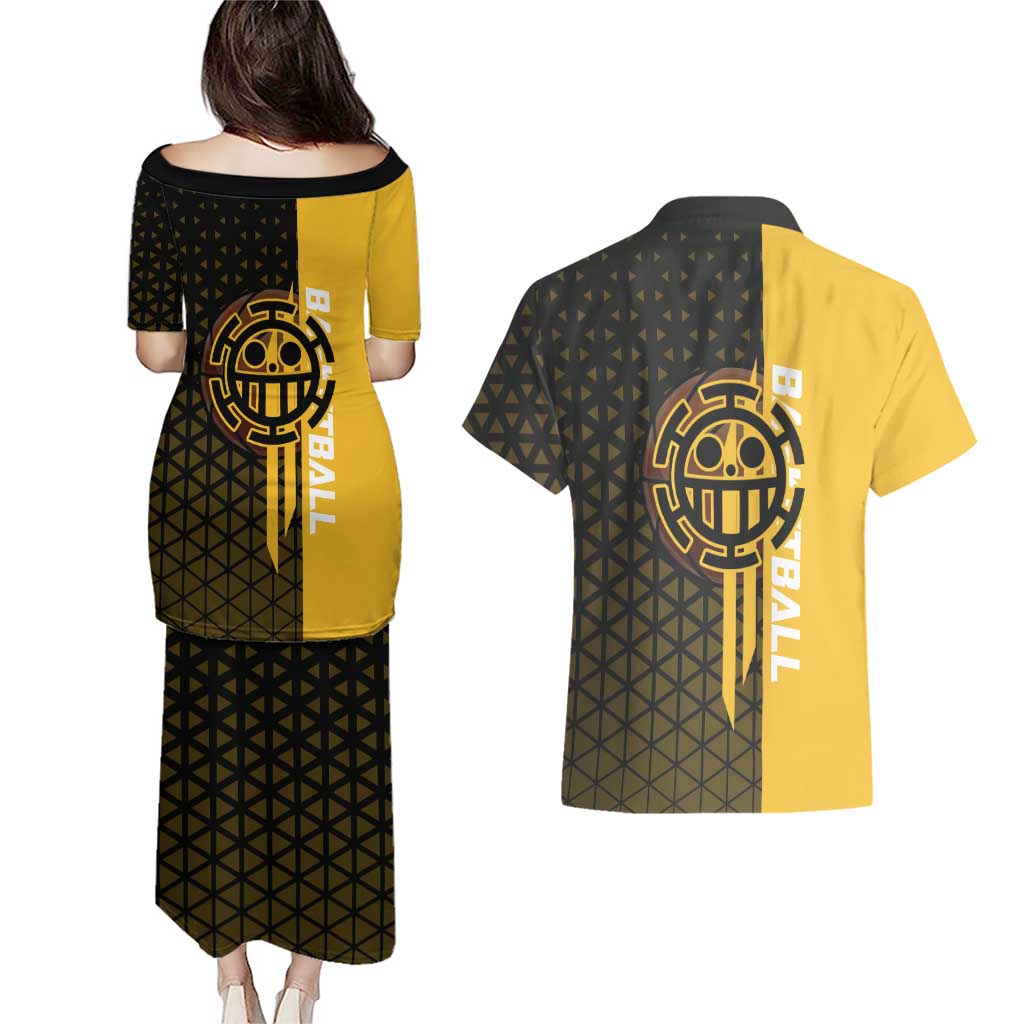 Trafalgar Law One Piece Basketball Theme Yellow and Black Design Couples Matching Puletasi and Hawaiian Shirt with Heart Pirates Emblem and Action Pose - The Mazicc