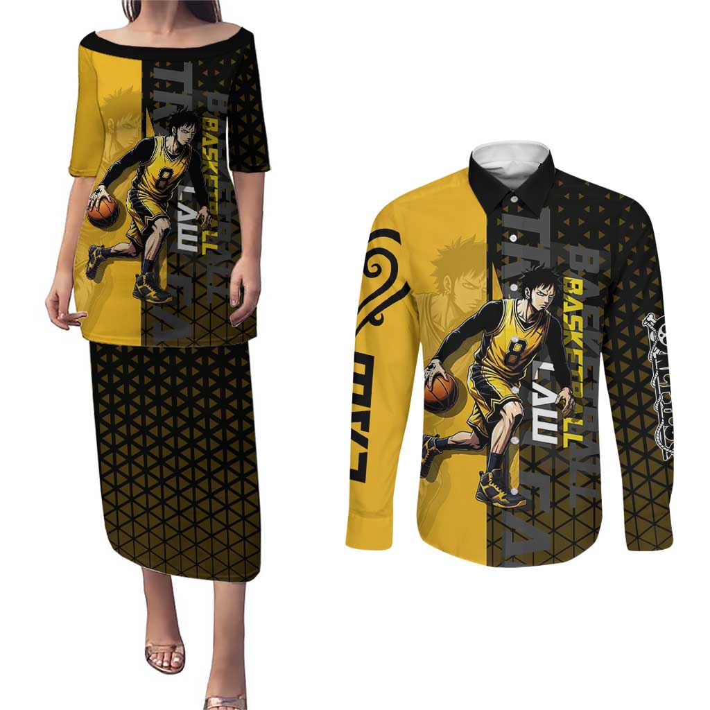 Trafalgar Law One Piece Basketball Theme Yellow and Black Design Couples Matching Puletasi and Long Sleeve Button Shirt with Heart Pirates Emblem and Action Pose - The Mazicc