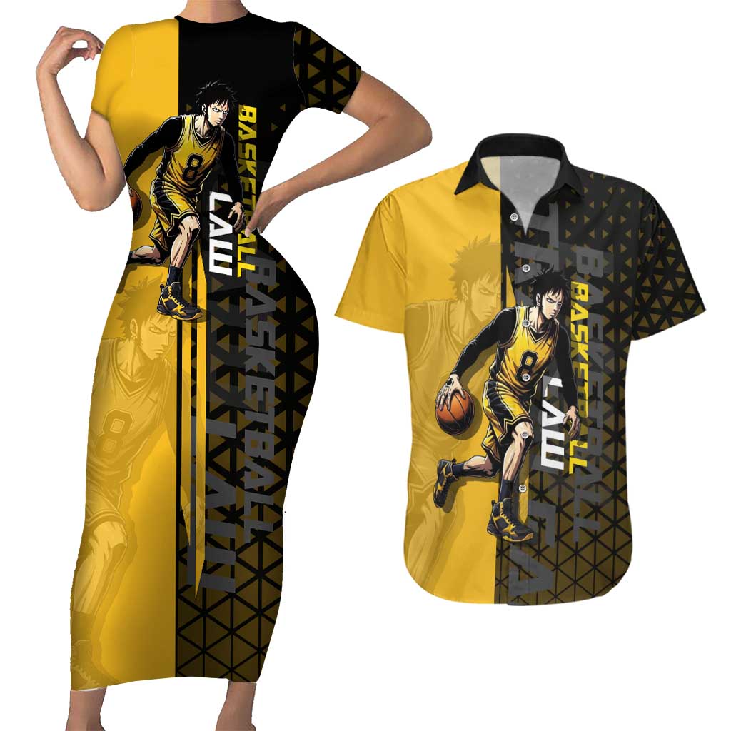 Trafalgar Law One Piece Basketball Theme Yellow and Black Design Couples Matching Short Sleeve Bodycon Dress and Hawaiian Shirt with Heart Pirates Emblem and Action Pose - The Mazicc
