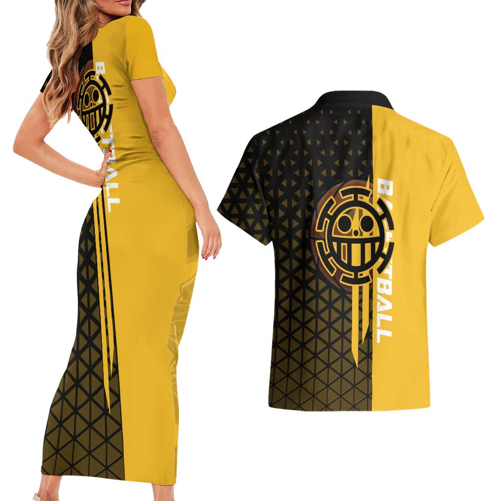 Trafalgar Law One Piece Basketball Theme Yellow and Black Design Couples Matching Short Sleeve Bodycon Dress and Hawaiian Shirt with Heart Pirates Emblem and Action Pose - The Mazicc