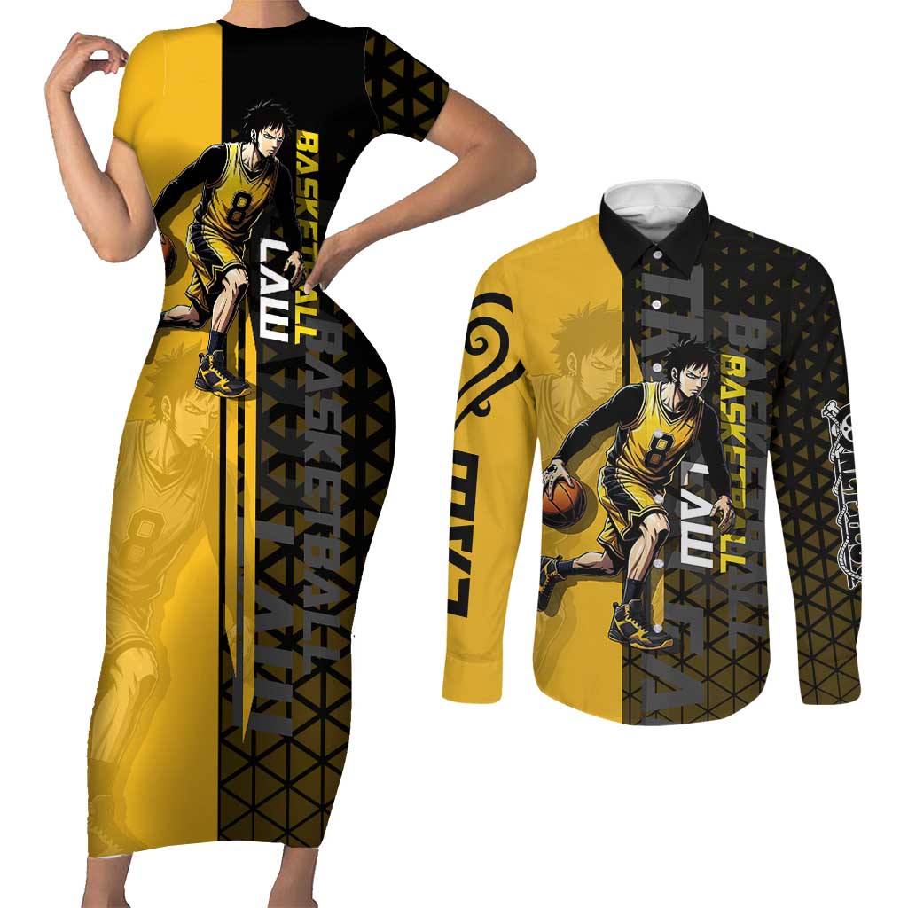 Trafalgar Law One Piece Basketball Theme Yellow and Black Design Couples Matching Short Sleeve Bodycon Dress and Long Sleeve Button Shirt with Heart Pirates Emblem and Action Pose - The Mazicc