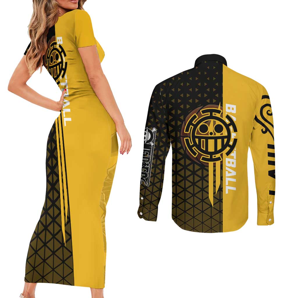Trafalgar Law One Piece Basketball Theme Yellow and Black Design Couples Matching Short Sleeve Bodycon Dress and Long Sleeve Button Shirt with Heart Pirates Emblem and Action Pose - The Mazicc