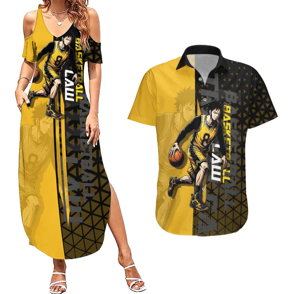 Trafalgar Law One Piece Basketball Theme Yellow and Black Design Couples Matching Summer Maxi Dress and Hawaiian Shirt with Heart Pirates Emblem and Action Pose - The Mazicc
