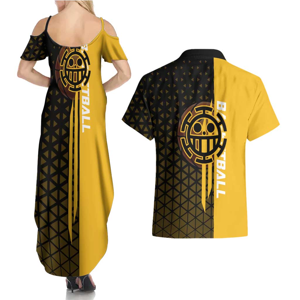 Trafalgar Law One Piece Basketball Theme Yellow and Black Design Couples Matching Summer Maxi Dress and Hawaiian Shirt with Heart Pirates Emblem and Action Pose - The Mazicc