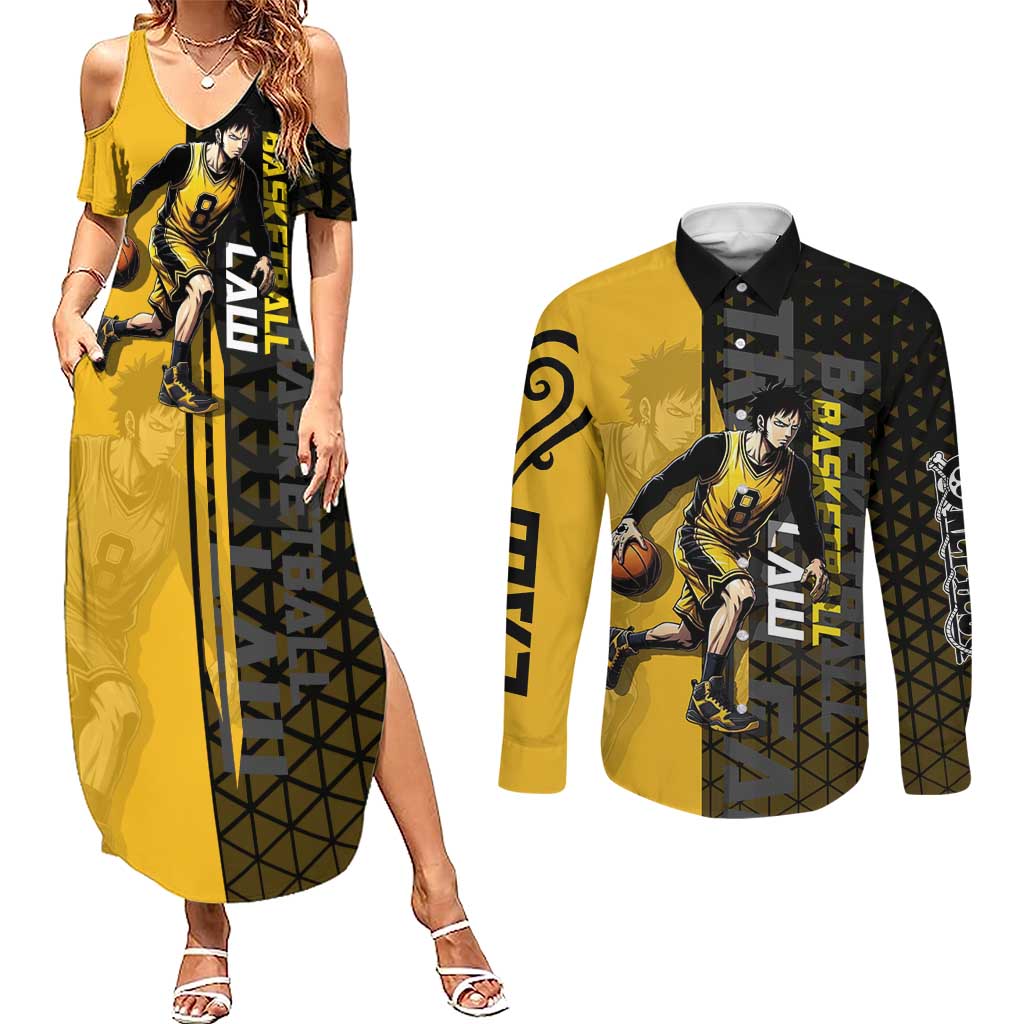 Trafalgar Law One Piece Basketball Theme Yellow and Black Design Couples Matching Summer Maxi Dress and Long Sleeve Button Shirt with Heart Pirates Emblem and Action Pose - The Mazicc