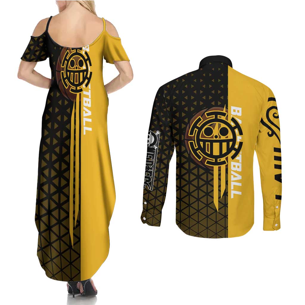 Trafalgar Law One Piece Basketball Theme Yellow and Black Design Couples Matching Summer Maxi Dress and Long Sleeve Button Shirt with Heart Pirates Emblem and Action Pose - The Mazicc