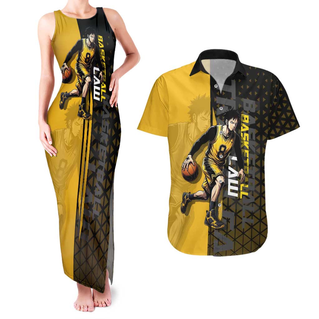 Trafalgar Law One Piece Basketball Theme Yellow and Black Design Couples Matching Tank Maxi Dress and Hawaiian Shirt with Heart Pirates Emblem and Action Pose - The Mazicc