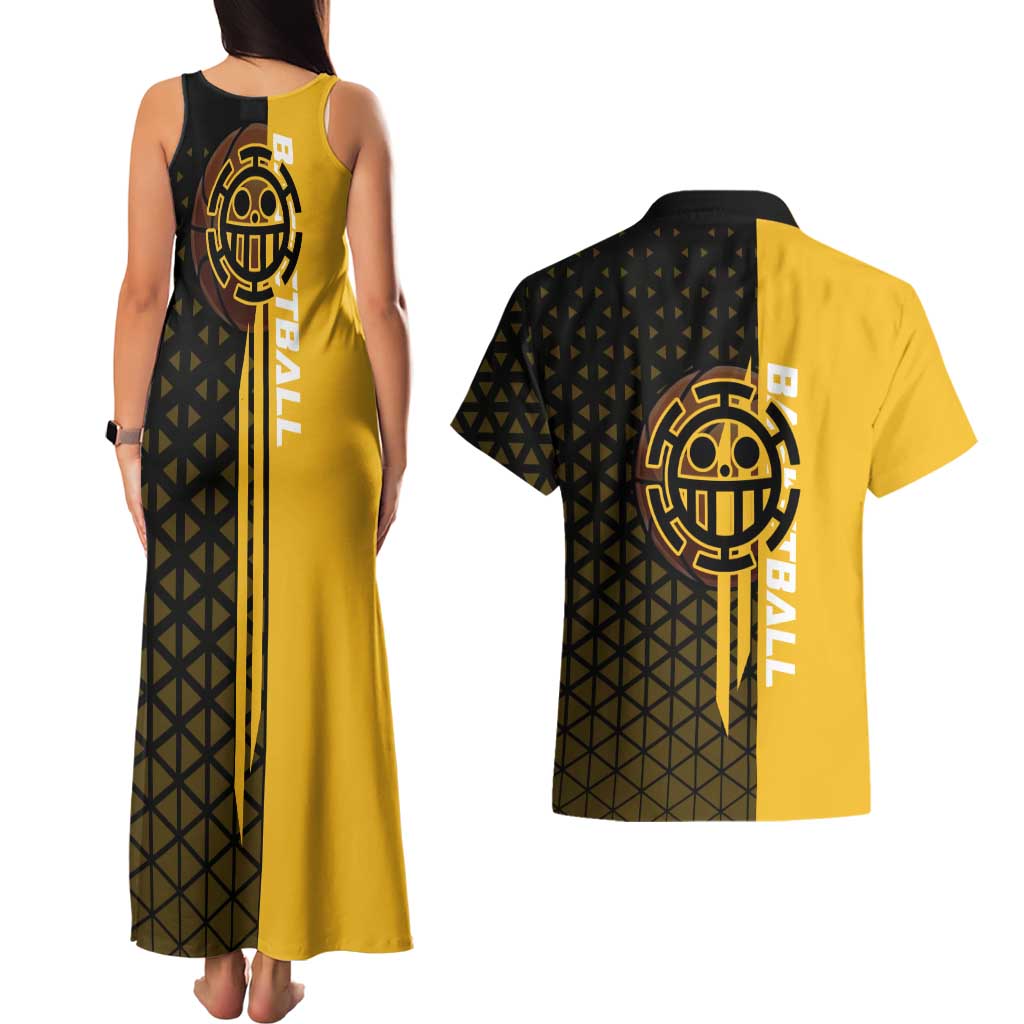 Trafalgar Law One Piece Basketball Theme Yellow and Black Design Couples Matching Tank Maxi Dress and Hawaiian Shirt with Heart Pirates Emblem and Action Pose - The Mazicc