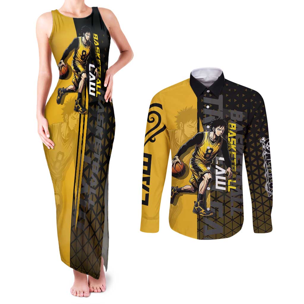 Trafalgar Law One Piece Basketball Theme Yellow and Black Design Couples Matching Tank Maxi Dress and Long Sleeve Button Shirt with Heart Pirates Emblem and Action Pose - The Mazicc