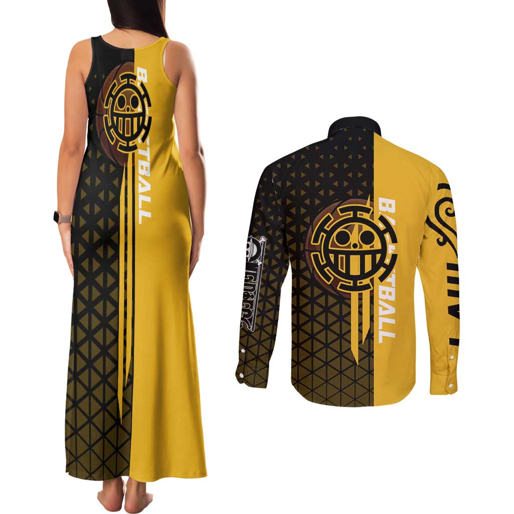 Trafalgar Law One Piece Basketball Theme Yellow and Black Design Couples Matching Tank Maxi Dress and Long Sleeve Button Shirt with Heart Pirates Emblem and Action Pose - The Mazicc
